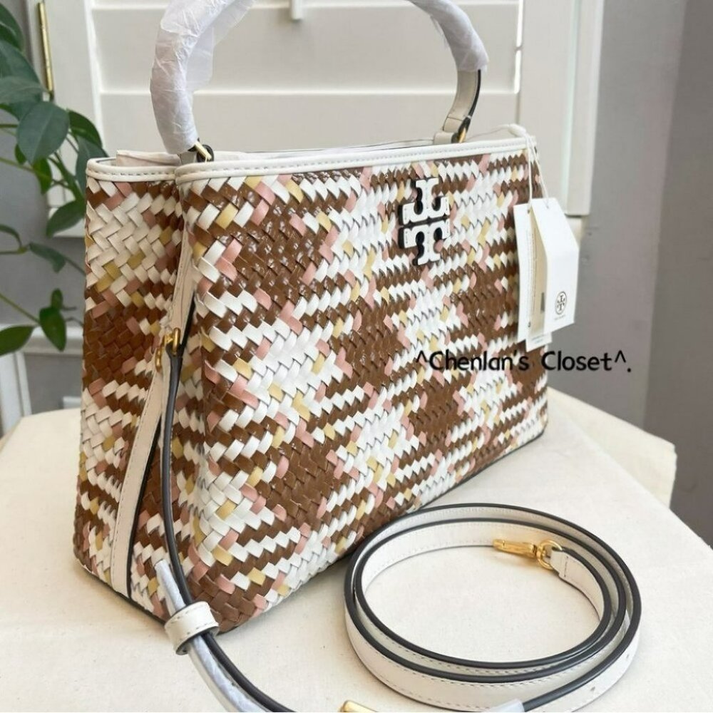 Tory Burch Britten Woven Satchel in Brown and Cream - Picture 7 of 15